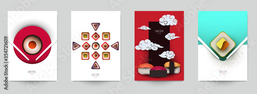 Collection colorful template cover for sushi. Abstract art composition in modern geometric papercut style. Minialistic concept design for branding banner, flyer, book, menu, card. Vector illustration.