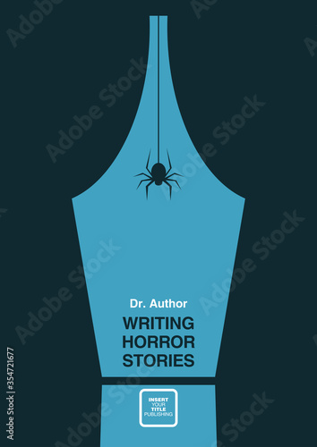 Stage curtains and hanging spider forms fountain pen nib. Negative space concept illustration. Mid century style design.
