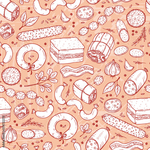 Vector Food background. Sausages Seamless pattern. Vector Meat products: Ready sausage, bacon, sliced saveloy, sausage, spicy pepperoni, smoked sausages, salami, baked meatloaf, frankfurters
