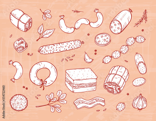 Vector Food. Sausages set. Meat products: Ready sausage, bacon, sliced saveloy, sausage, spicy pepperoni, smoked sausages, salami, baked meatloaf, frankfurters
