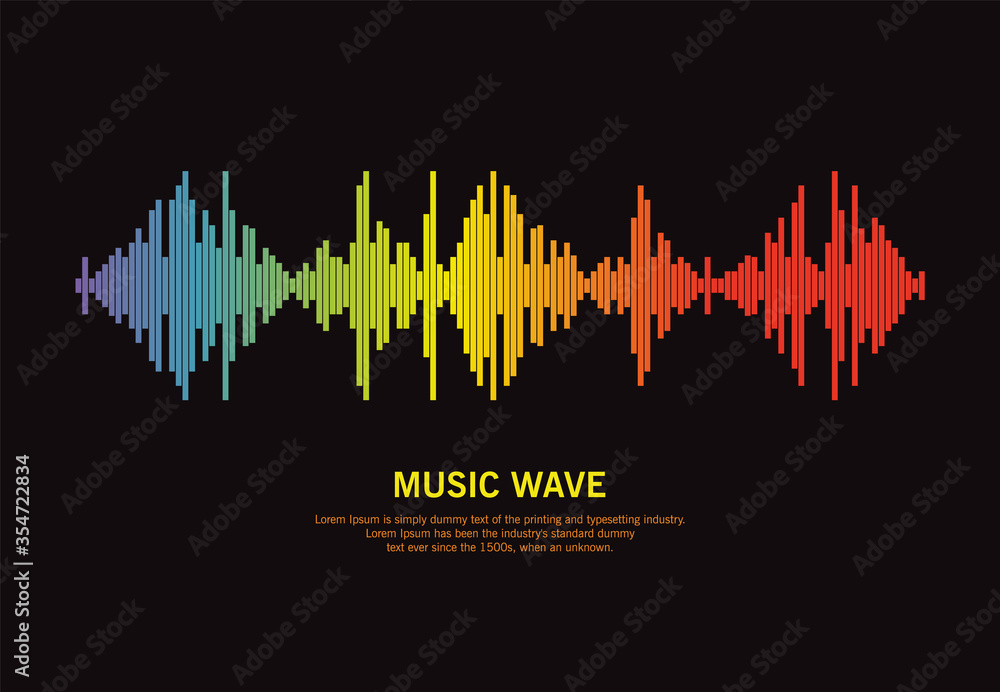 Popular pulse music player on black background. Audio colorful wave logo. Vector rainbow equalizer element