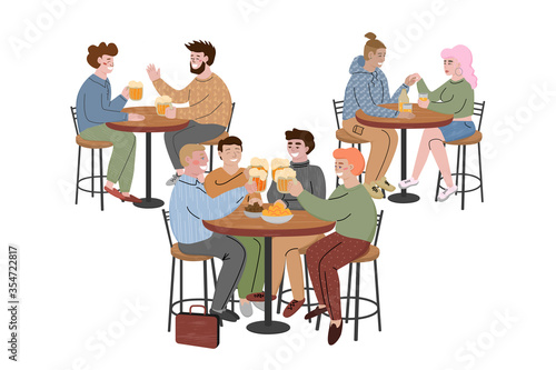 People sitting at the tables in a bar and drinking beer. Women and men talking and smiling in a cafe. Youth having fun together in a pub. Cartoon flat characters isolated on white.Vector illustration