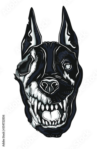 Dead head of doberman dog isolated on white. Halloween. Vector illustration.