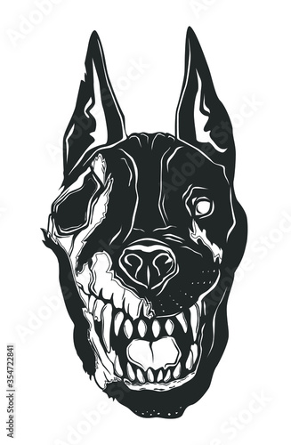 Dead head of doberman dog isolated on white. Halloween. Vector illustration.