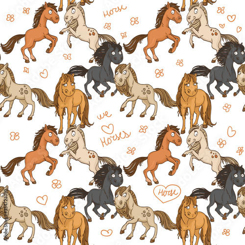 Seamless pattern of cute horses frolicking in freedom