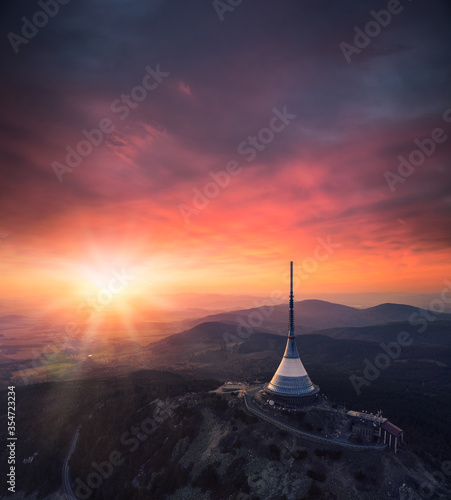 Aerial view of Jested mountain during beautiful sunset. Liberec, Czech Republic