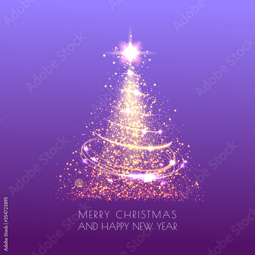 Magic Shining Christmas tree with sparkle and gold dust on violet background. Merry christmas and Happy New Year greeting card. Vector illustration.