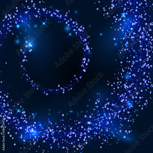 Abstract vector magic glow star light effect. Sparkling dust star trail with bokeh. Special cyan christmas effect on dark background. Vector gold dust star effect background.