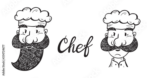 Funny Bearded and Mustachioed Chef. Hand drawn Cartoon Hipster Chef Cook Characters. Black and white outline drawing. Vector illustration
