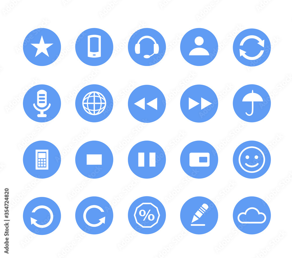 Set of vector illustrations of round icons, buttons and icons in blue Set of vector illustrations of round icons, buttons and icons in blue