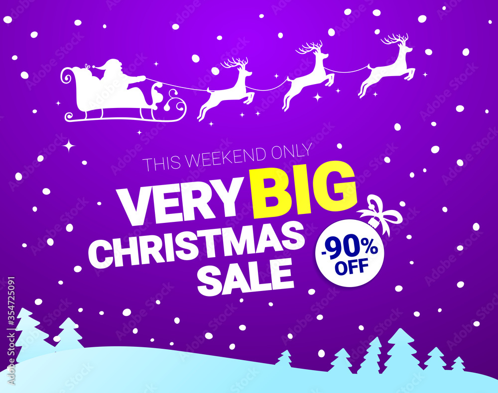 Big Christmas sale. Vector banner with Santa Claus and deers flying up the forest on the purple background. Stocking element christmas decorations. Web banner or poster for e-commerce, on-line shop.