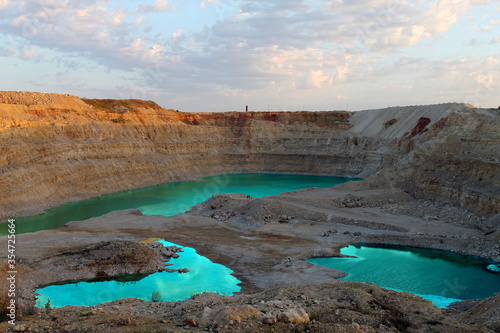 Blue lakes with turquoise water in an abandoned old quarry