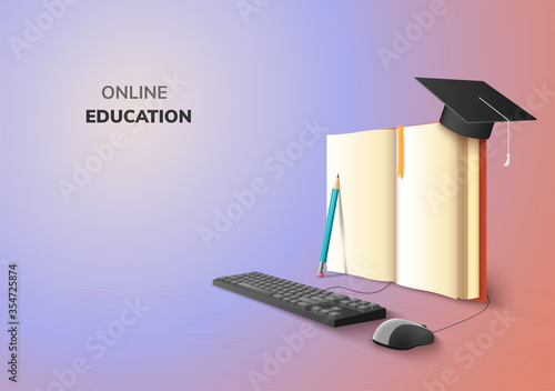 realistic Digital Online concept. Education Application learning on gradient website background. decor by book lecture pencil  computer mouse keyboard Graduation hat. 3D vector Illustration copy space