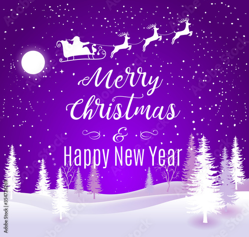 Vector Illustration of Santa Claus Driving in a Sleigh. Merry Christmas and Happy New Year lettering violet greeting background.