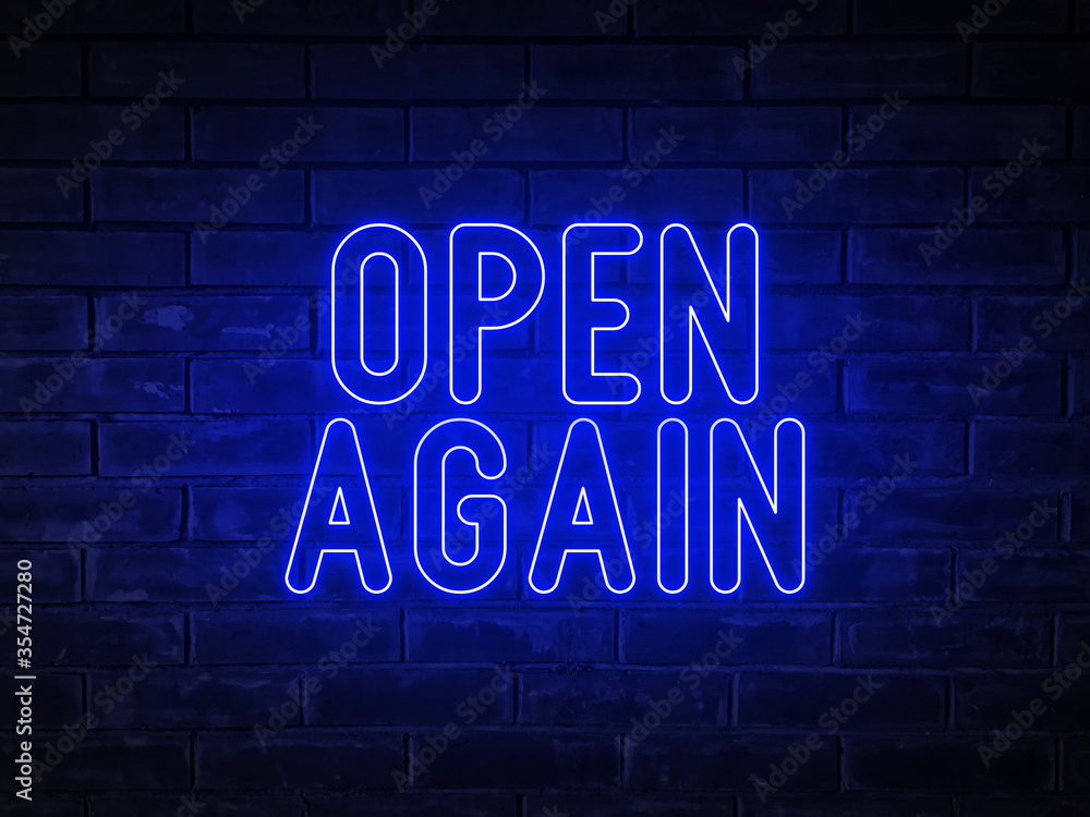 Fototapeta premium Open again - blue neon light word on brick wall background