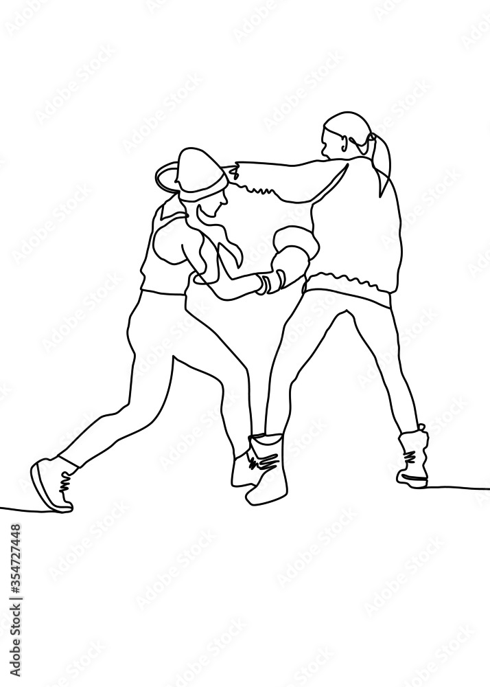 Fototapeta premium One continuous line drawing, , the girls playing boxing.