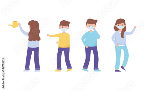 characters cartoon boy and girl with medical mask and