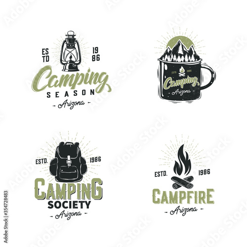 Collection of camping logos isolated on white. Vector illustration.