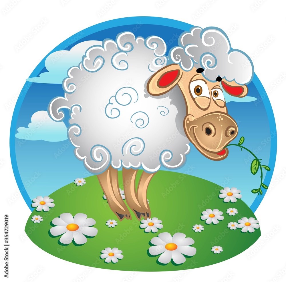 White cartoon sheep with blade of grass on color background White cartoon sheep with blade of grass on color background