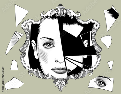 Broken retro mirror with a woman face reflection