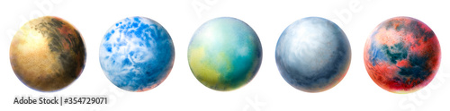 Isolated space object on a white background. Set of Watercolor Blue, Red, Green and Brown Planets. Watercolor hand drawn abstract planet balls magic art work illustration.