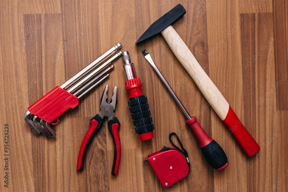 top view of hand tools for home repair and construction.