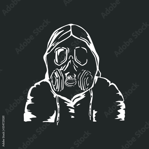 Man wearing gas mask. Illustration for t-shirts. Vector illustration.