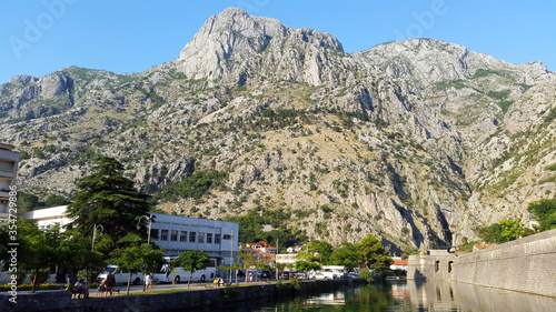 town Kotor in Montenegro and light gray mountains at summer