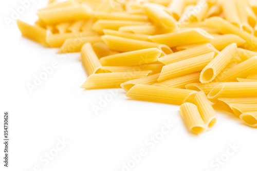 Uncooked penne pasta. Dried italian pasta