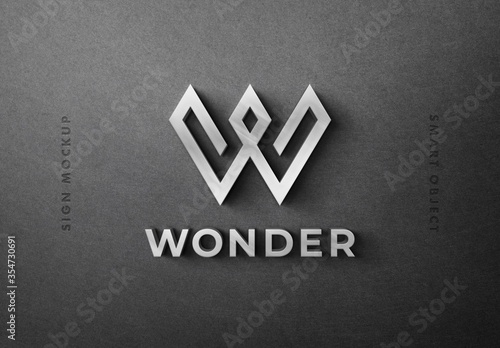 Download 3d Glossy Metal Logo Sign Mockup On Dark Wall Stock Template Adobe Stock