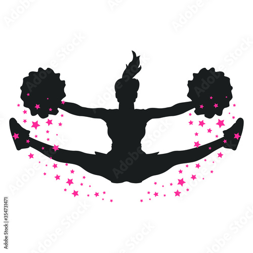Cheerleader with Stars. Sports Girl Jump. Silhouette Cuttable Vector.