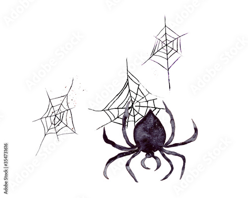 Hand-drawn watercolor illustration. A black spider is descending its web upside down. The attribute of the celebration of Halloween. Isolated on a white background.