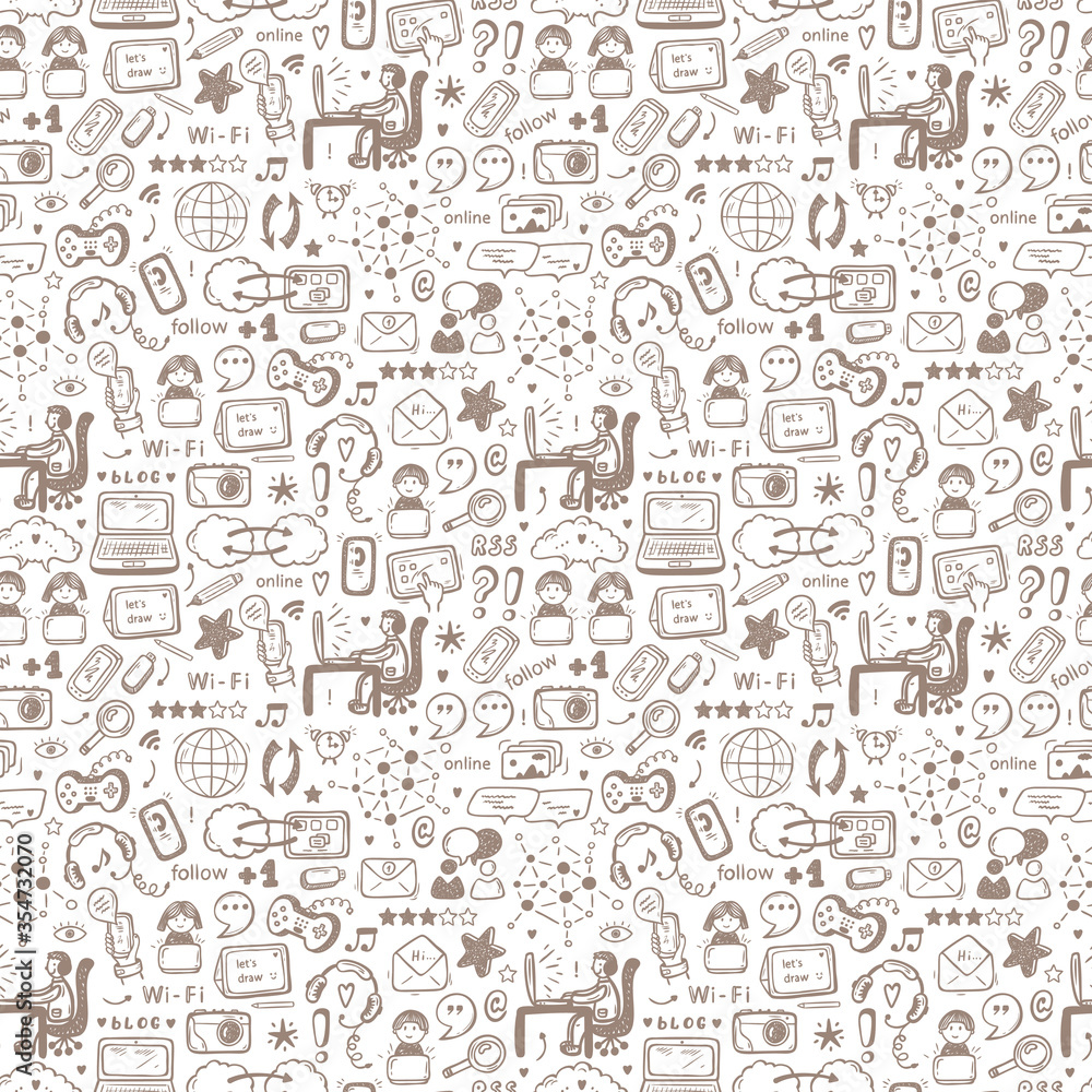 Internet of Things Background. Hand drawn Doodle Cloud Computing Technology and Social Media Icons Vector Seamless pattern
