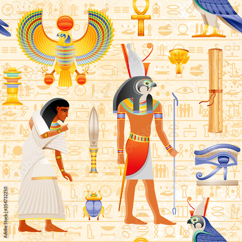 Egyptian vector seamless papyrus pattern with Falcon Horus God and pharaoh element - Ankh, Scarab, eye Wadjet, slave. Ancient historic art form Egypt with hieroglyph pattern background, old wallpaper