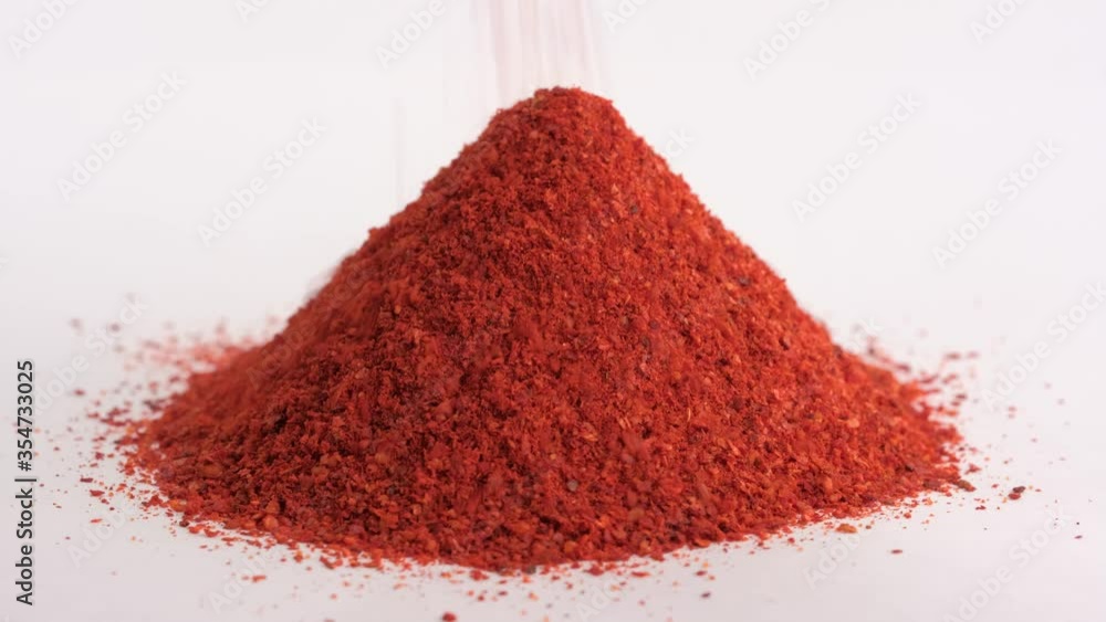 Heap red chili powder or paprika rotating on a white background Heap red chili powder or paprika rotating on a white background