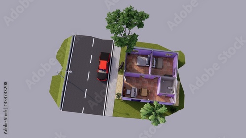 Purple budget house with 2 bedrooms Has a nice car in front of a nice house. this is a small happy family stay together. Simple single-storey flat house, bungalow, holiday cottage(FB Tiny house 3D) photo