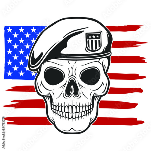 Army Skull USA. Flag of America. Veteran Soldier with Beret. Cut Design Vector Silhouette,