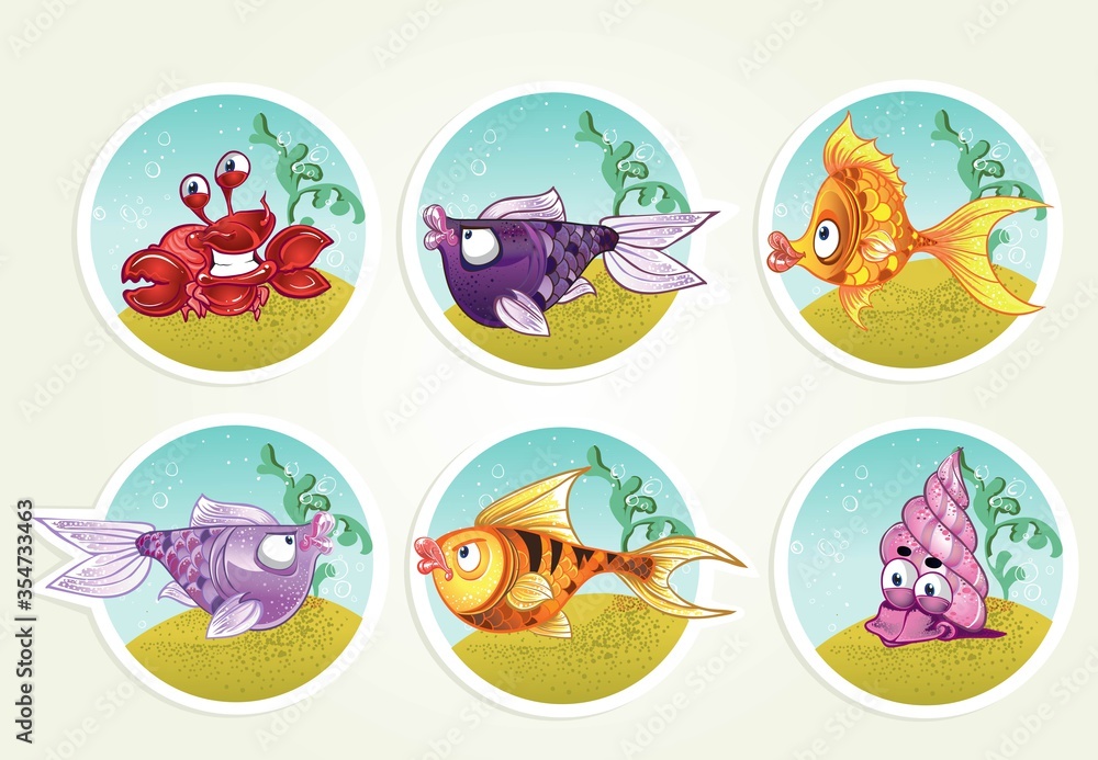Cartoon collection of marine life - fish, crab, snail stickers