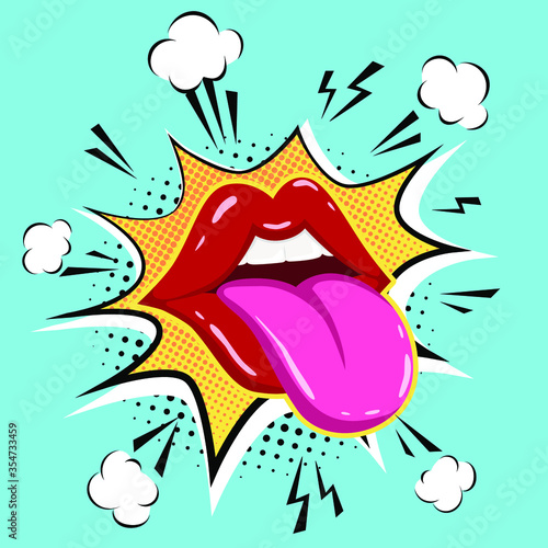Woman mouth with the tongue pop art. Vector illustration.