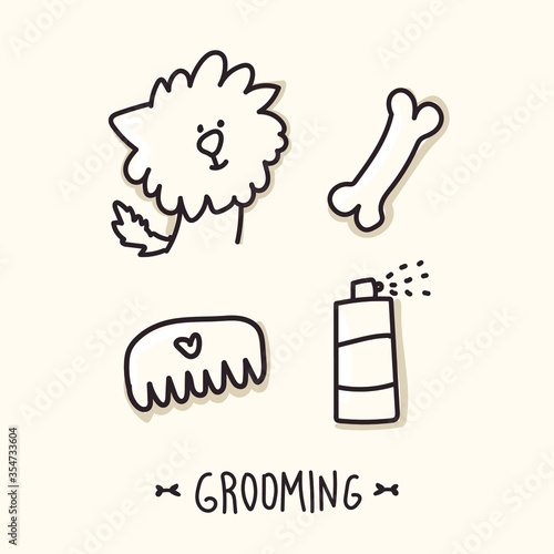 Dog grooming icons on an isolated background. Doodle style. Curly dog. Concept of animal grooming. Haircut of domestic dogs. Illustration for a postcard or logo. Vector.