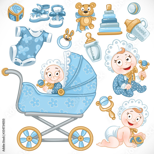 Set of cute baby, blue baby toys, baby carriage, objects, clothes and things