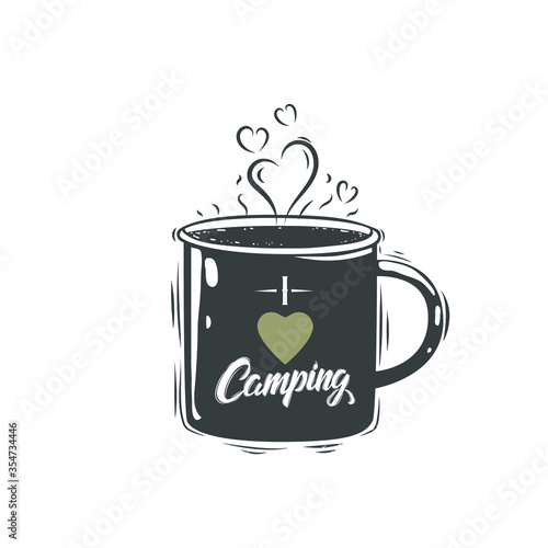 Camping mug with " I love camping" print.  Art. Vector illustration.