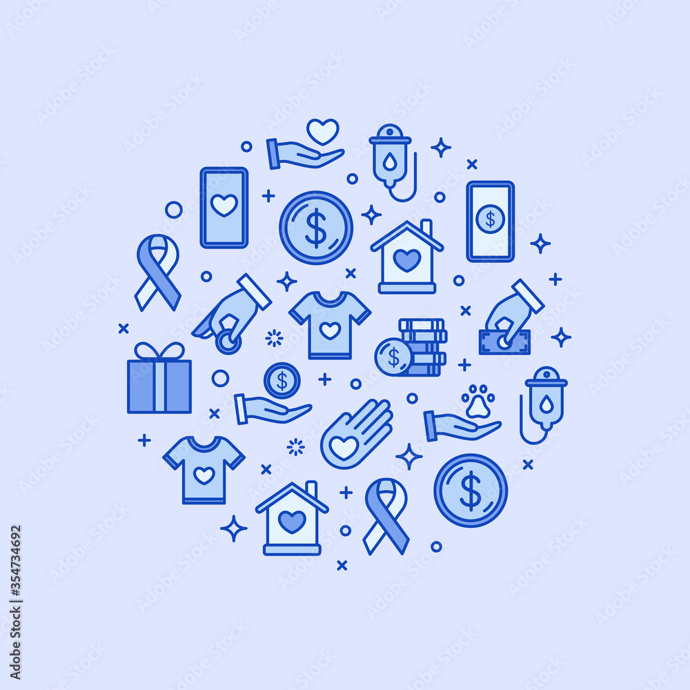 Charity and donation circle design element. Volunteering vector illustration. Generous, volunteer center, fundraising event, organization. Charity and donation circle design element. Volunteering vector illustration. Generous, volunteer center, fundraising event, organization.