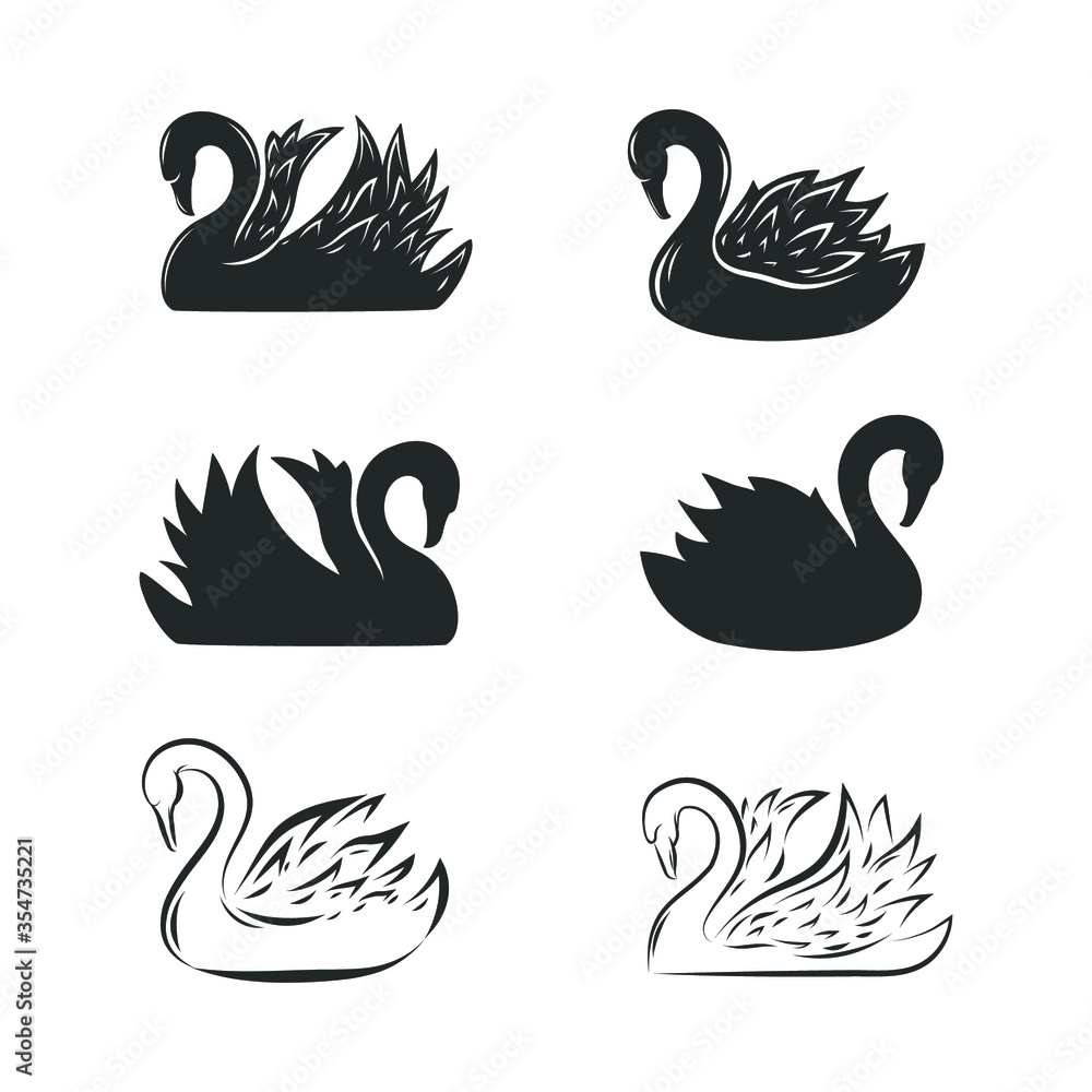 Set of swans silhouette for t-shirts isolated on white. Vector illustration. Set of swans silhouette for t-shirts isolated on white. Vector illustration.