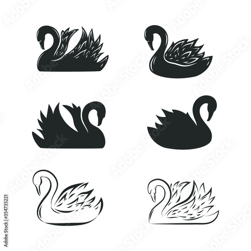 Fototapeta Naklejka Na Ścianę i Meble -  Set of swans silhouette for t-shirts isolated on white. Vector illustration.