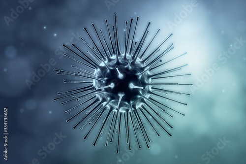 Coronavirus illustration. New deadly disease-causing viruses such as COVID-19 or SARS (Severe acute respiratory syndrome). Virus in a microscope close up. 3D rendering 