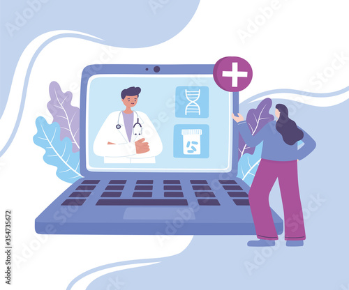 online doctor, patient meeting a physician online using a laptop technology, medical advice or consultation service