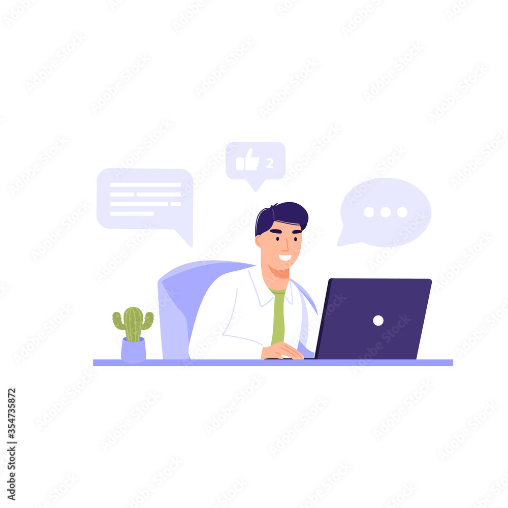 Internet assistant or office worker. Man sitting in chair and working on laptop, around the icons of social networks. Vector business illustration on white background. Internet assistant or office worker. Man sitting in chair and working on laptop, around the icons of social networks. Vector business illustration on white background.