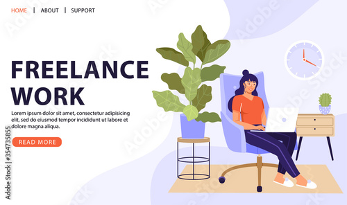 Work at home or remote work illustration design. Freelance woman sitting in chair and working on laptop. Comfortable conditions for job. Vector web page banner illustration.