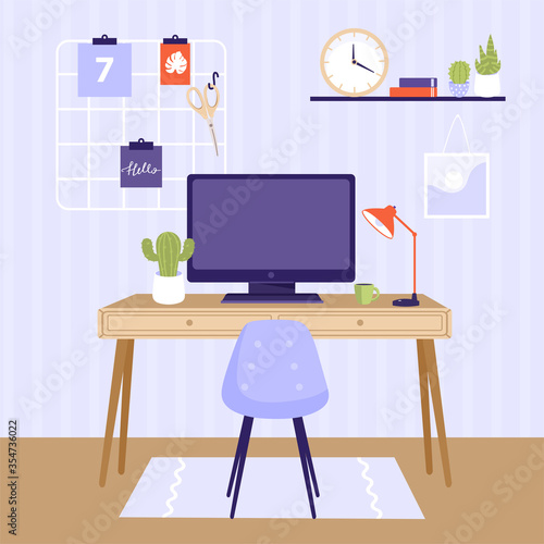 Comfortable workplace design illustration. Work at home or remote work concept. Computer, table, chair, house plants, lamp and decorations. Vector.